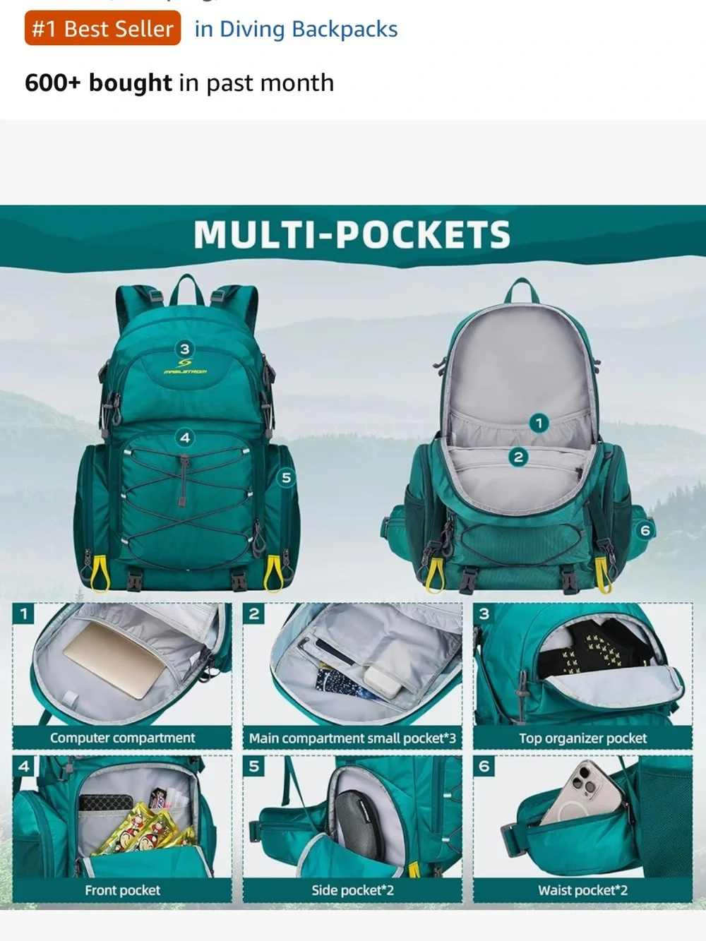 Teal 40L Hiking Backpack - Lightweight Outdoor Daypack